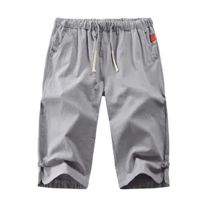 Heren zomer casual linnen korte broek recht been effen kleur trekkoord strand broek nieuw