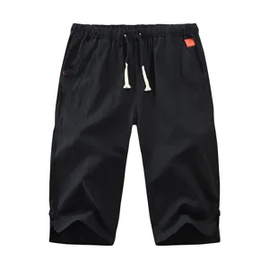 Heren zwarte casual linnen korte broek effen kleur elastische taille trekkoord