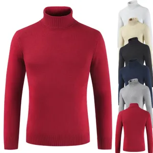 Men's solid color turtleneck knit sweater, classic slim fit long sleeve pullover for autumn.