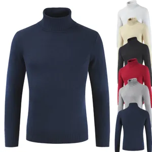 Men's solid color turtleneck sweater long sleeve slim fit knitted pullover winter top