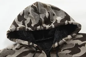 Detailed view of camo knit hooded sweater with warm fleece lining and adjustable drawstring.