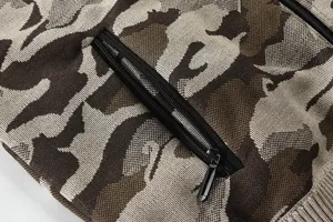 Detailed close-up of stylish camouflage knit sweater featuring black zipper pocket and rib hem.