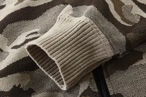 Close-up of men's casual camouflage knit sweater cuff with ribbed texture and zipper.