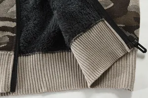 Camouflage knitted cardigan detail view, thick fleece lining and ribbed hem for cozy warmth.