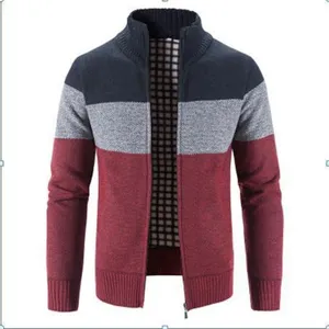 Men Stand Collar Zipper Patchwork Fleece Lined Knit Cardigan Sweater Jacket Casual Cotton Blend Thick Warm Top