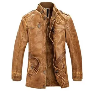 Heren Halfhoge Staande Kraag PU Leren Jas Gewassen Motorfiets Biker Jas Fleece Gevoerd Warm Bovenkleding Winter Casual Top Met Riem