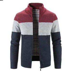 Men's colorblock knit cardigan with stand collar, stylish slim fit zip up sweater jacket.