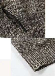 Detail der Herren Freizeitmweste, braunes Melangegarn mit feinem Rippstrick Rand.