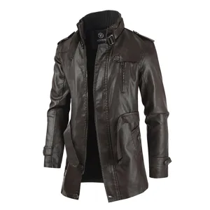 Élégant manteau trench en similicuir marron pour homme veste d'hiver à col montant
