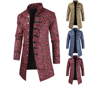 Men Steampunk Vintage Trench Coat Long Baroque Jacquard Jacket Stand Collar Single Breasted Gothic Outerwear