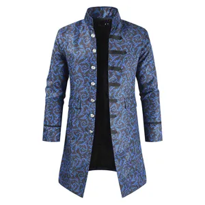 Men vintage steampunk long trench coat blue floral brocade stand collar gothic outerwear