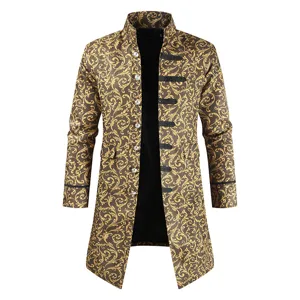 Men vintage steampunk long trench coat baroque print stand collar gothic jacket outerwear.