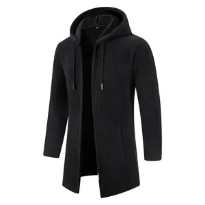 Men long hooded cardigan sweater knit coat winter thermal outerwear casual black style