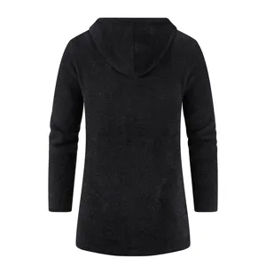 Back view detail of mens black hooded knitted cardigan sweater featuring soft fleece texture.