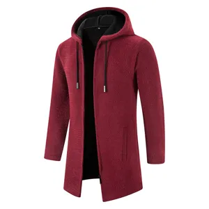 Men long fleece hooded cardigan sweater coat, plush knit jacket with zip and pockets.