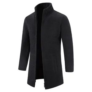 Men's black knit cardigan coat detail view, featuring stand collar and zipper closure style.