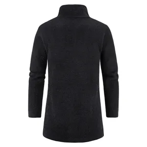 Detailed back view of men's stand collar long knit cardigan sweater in dark gray color.