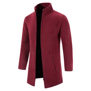 Men's stand-up collar mid-length fleece knit cardigan jacket wine red detail view