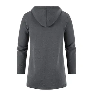 Dark grey fleece-lined hooded cardigan sweater, detailed back view product design.