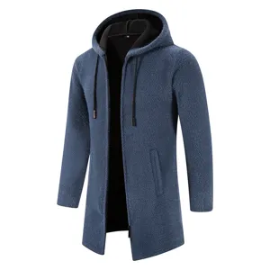 Men's long fuzzy hooded cardigan coat, thick fleece lined winter knitted outerwear detail.