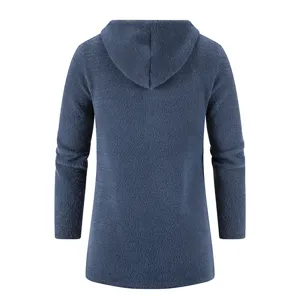 Men's mid-length hooded fleece cardigan sweater in dark blue, soft knitwear detail.