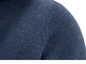 Close-up detail of dark blue imitation mink fleece fabric for men winter cardigan sweater.