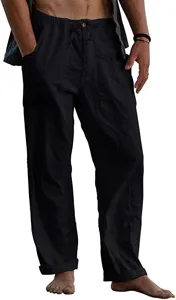 Men casual linen trousers detail view showing elastic drawstring waist and deep side pockets.