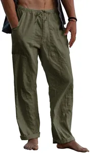 Detail view of men's casual linen trousers featuring a comfortable elastic drawstring waistband.