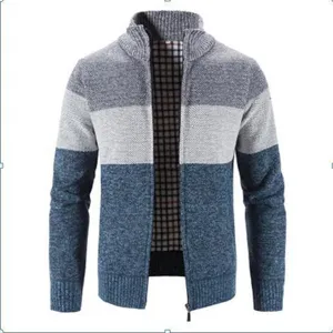 Men color block knit cardigan sweater jacket casual slim fit full zip high collar outerwear