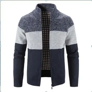Men's knitted cardigan detail view, featuring a colorblock design and full zip front closure.