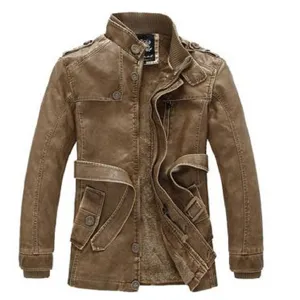 Heren PU lederen jas met fleece voering, opstaande kraag en stijlvol riemdetail.