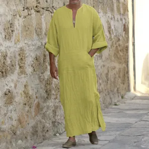Men long linen tunic shirt casual V-neck solid color loose robe outdoor streetwear