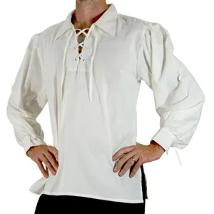 Men's Medieval Pirate Shirt Vintage Lace Up V Neck Lantern Sleeve Renaissance Tops Goth Steampunk Cosplay Blouse Unisex