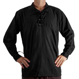 Detailed view of the black medieval lace-up long sleeve shirt showing collar design.