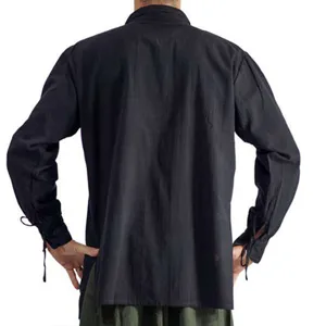 Detailed back view of casual black long sleeve shirt with cuff ties and comfortable loose fit design