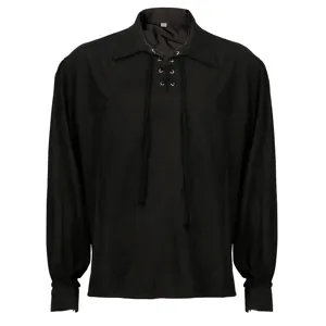 Men's black long sleeve lace-up punk shirt, vintage stand collar design for daily wear and styling.