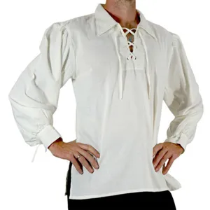 Men's vintage lace-up medieval poet shirt long sleeve casual solid white top apparel