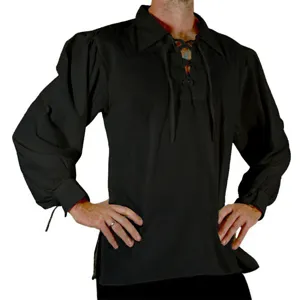 Men's vintage lace-up front solid black long sleeve renaissance poet shirt front view