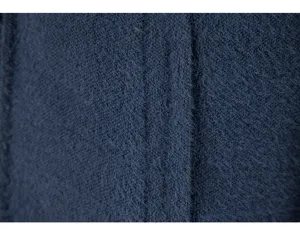 Dark blue faux mink fleece cardigan fabric close-up, soft knit texture for winter apparel.