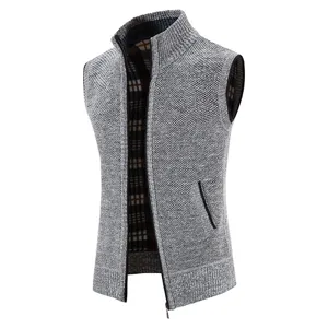 Men grey knit vest detail showing stand collar, front zipper, and warm plaid fleece lining.