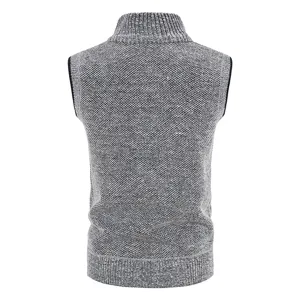 Men's gray knit sweater vest winter thermal sleeveless mock neck cardigan casual waistcoat