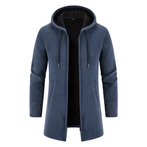 Mens long hooded cardigan sweater winter fleece lined knitted jacket blue casual outerwear
