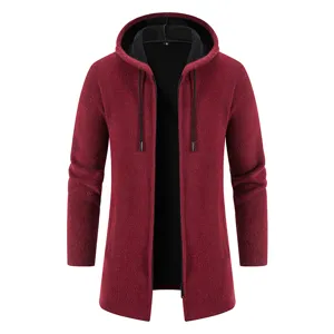 Men long cardigan hoodie wine red faux mink fleece knit zip winter coat fashion streetwear