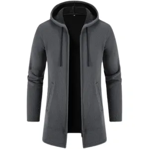 Men's fleece-lined long hooded cardigan sweater coat in dark grey, front view main image.