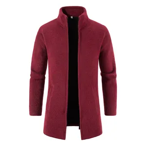 Men's Faux Mink Velvet Knit Cardigan Stand Collar Mid-Length Zipper Jacket Slim Fit Casual Solid Color Spring Autumn Outwear Top