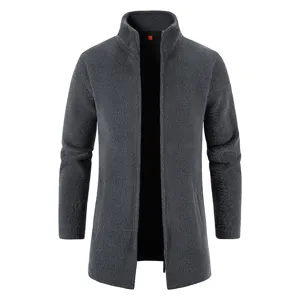 Men's faux mink fleece knit cardigan jacket, stand collar, long sleeve, mid-length winter coat.