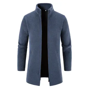 Men's faux mink fleece knit cardigan jacket, stylish stand collar mid-length sweater coat.
