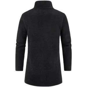 Men's stand-up collar knitted cardigan jacket, solid dark grey medium long sweater.