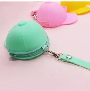 Cute silicone baseball cap coin purse with zipper and lanyard. Candy color mini key wallet.
