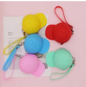 Silicone baseball cap shape coin purse cute mini hat key pouch candy color wrist strap bag